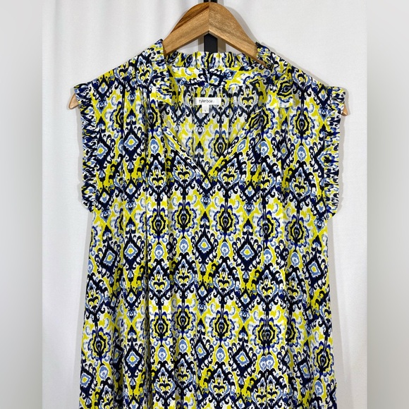 Tyler Boe Womens Yellow Printed V-Neck Tie Sleeveless Silk Shift Dress Size L - Picture 2 of 11